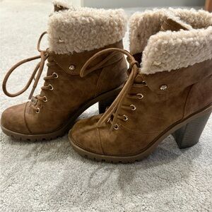 G by Guess Brown Lace Up Boots with Faux Fur